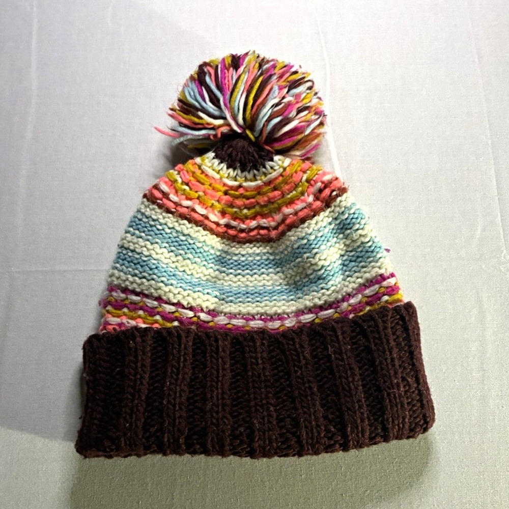 Aéropostale Y2K Women's Striped Knit Acrylic Pom-Pom Beanie Hat, One Size Cozy